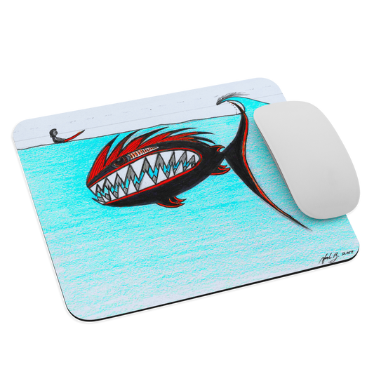 Large black and red fish creating a false wave for a surfer sitting on his surfboards in turquoise water mouse pad with no border