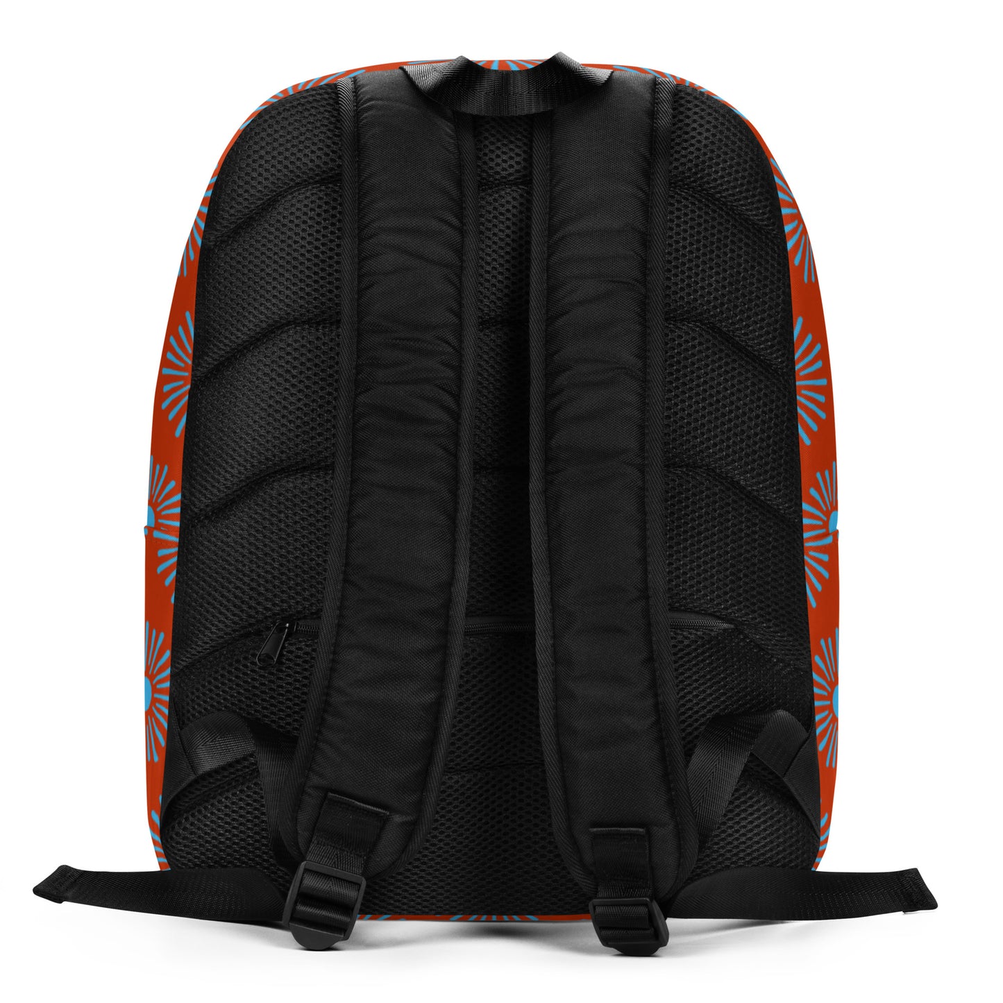 All over Floral Print Minimalist backpack, back view of straps and cross zipper under straps for storing items in the back