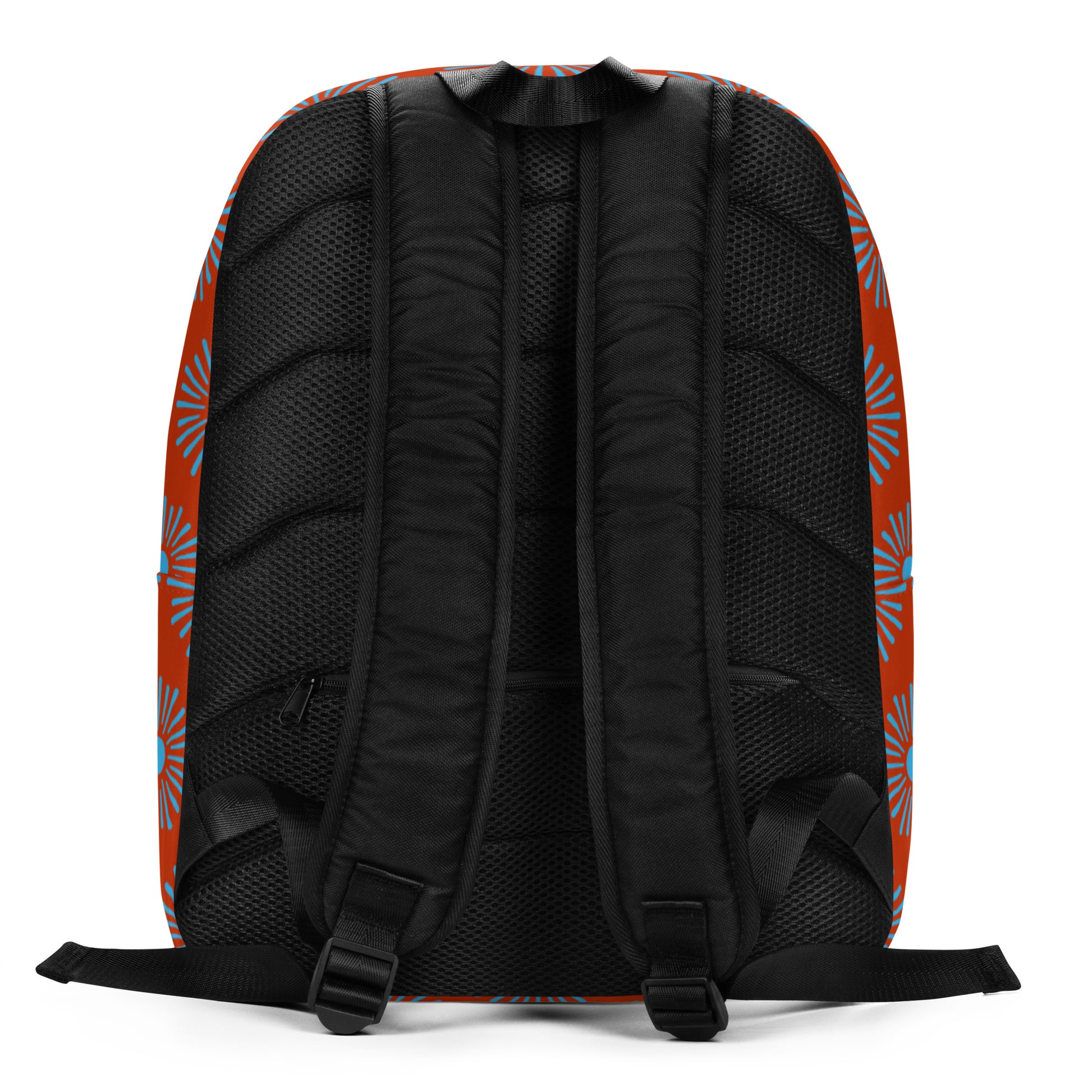 All over Floral Print Minimalist backpack, back view of straps and cross zipper under straps for storing items in the back