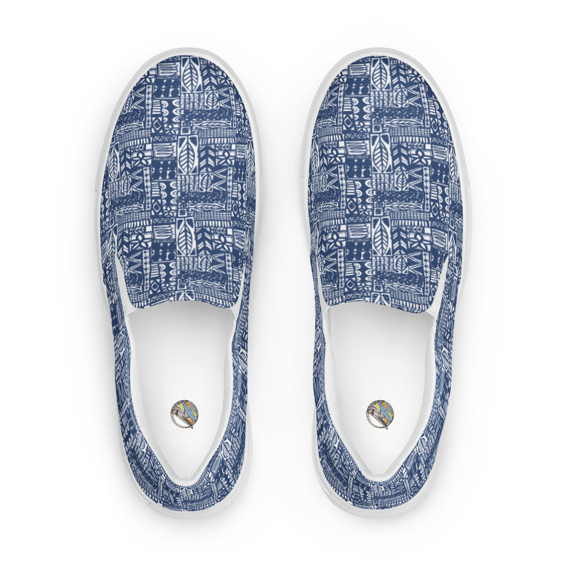 mens-slip-on-canvas-shoes with aloha print, top view of inside shoe with Surf Designs By Herb Bradley Logo