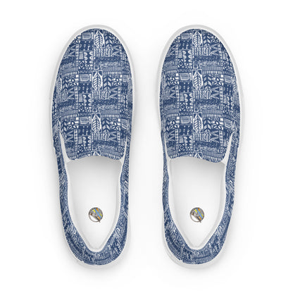 mens-slip-on-canvas-shoes with aloha print, top view of inside shoe with Surf Designs By Herb Bradley Logo