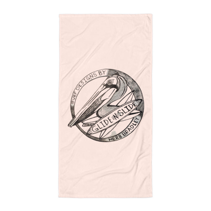 Crisp Pink Glide -N- Slide Giant Beach Towel with black and grey logo laying flat length wise