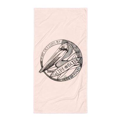 Crisp Pink Glide -N- Slide Giant Beach Towel with black and grey logo laying flat length wise