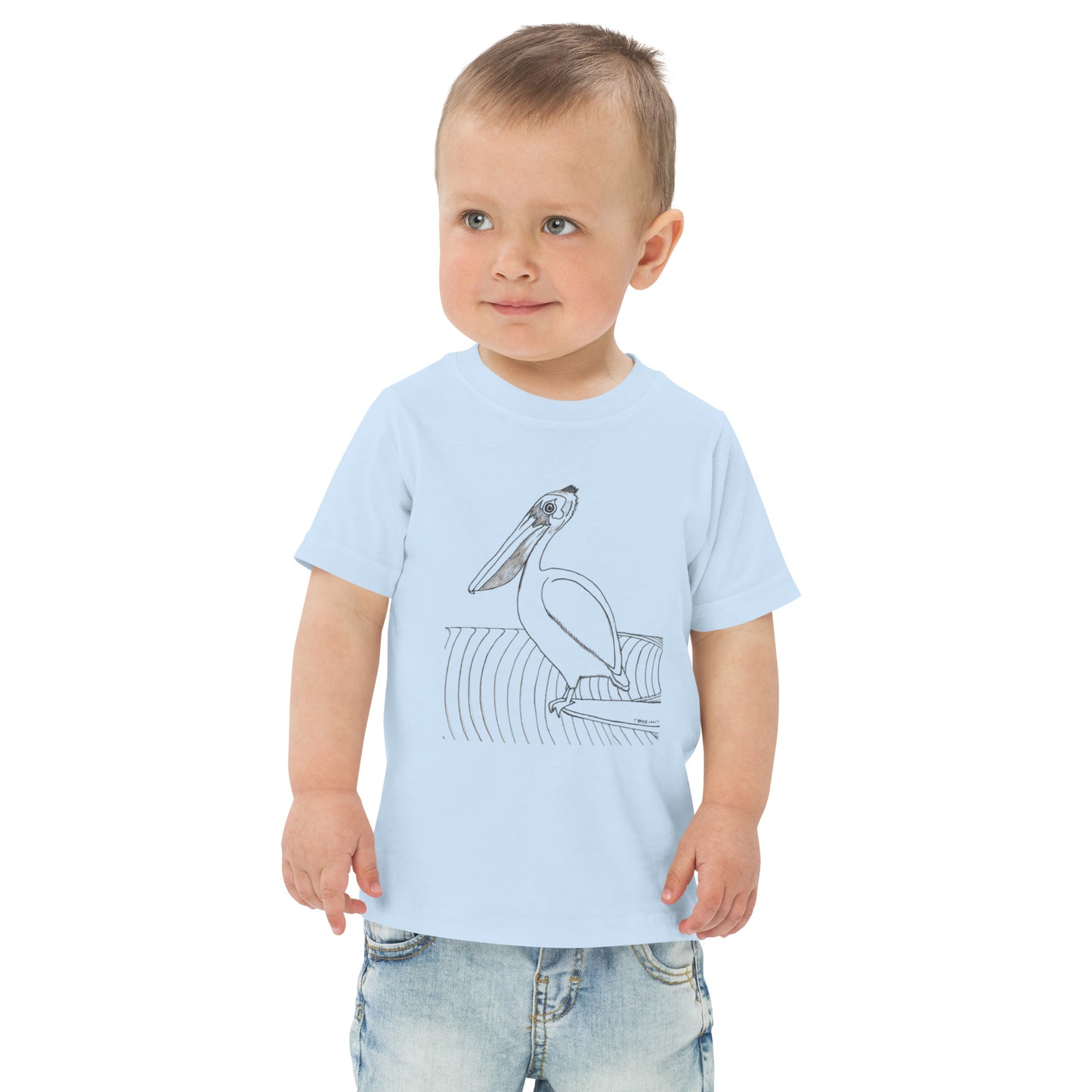 Pelican Hanging Ten on a surfboard on a toddler light blue T-Shirt