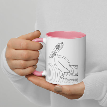 11oz Pelican Hanging Ten White mug with pink color inside and on handle
