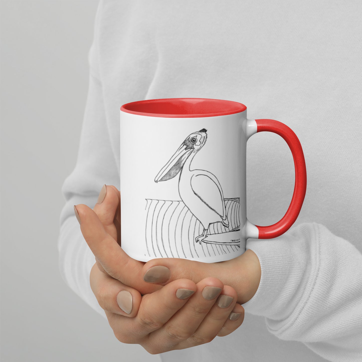 11oz Pelican Hanging Ten White mug with red color inside and on handle