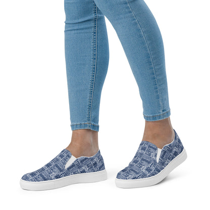 Women's Blue and White Aloha Print, slip-on canvas shoes