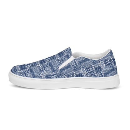 Women's Blue and White Aloha Print, slip-on canvas shoes